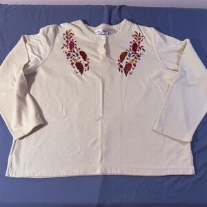 Baxter Wells Petite Ivory Floral Embroidered Henley Top Size L